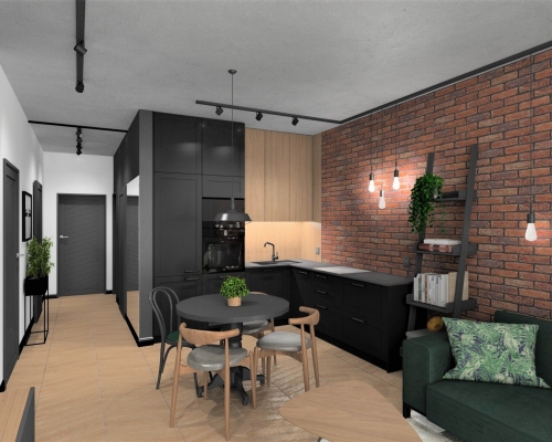koncepcja salonu z kuchnią - mieszkanie w Zielonkach 